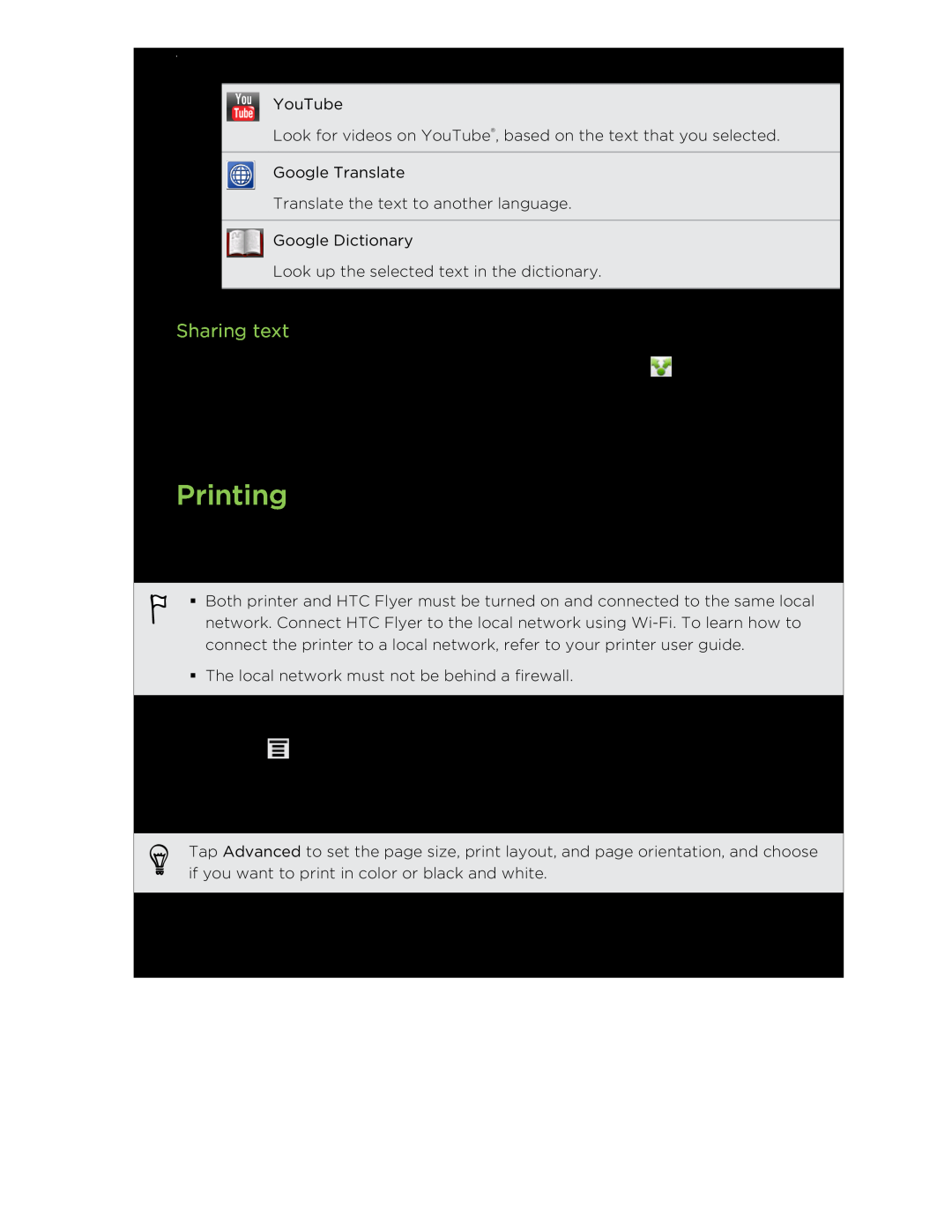 HTC HTCFlyerP512 manual Printing, Sharing text 