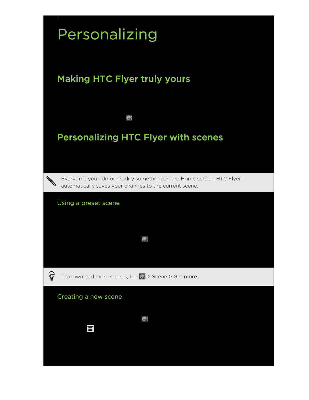 HTC HTCFlyerP512 manual Making HTC Flyer truly yours, Personalizing HTC Flyer with scenes, Using a preset scene 