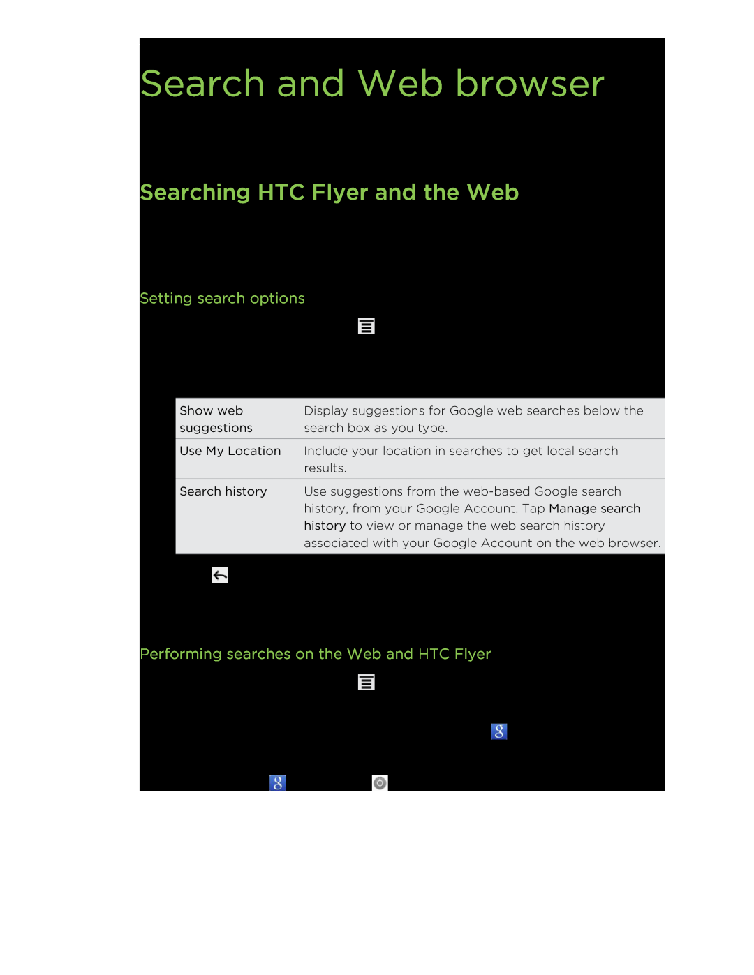 HTC HTCFlyerP512 manual Search and Web browser, Searching HTC Flyer and the Web, Setting search options 