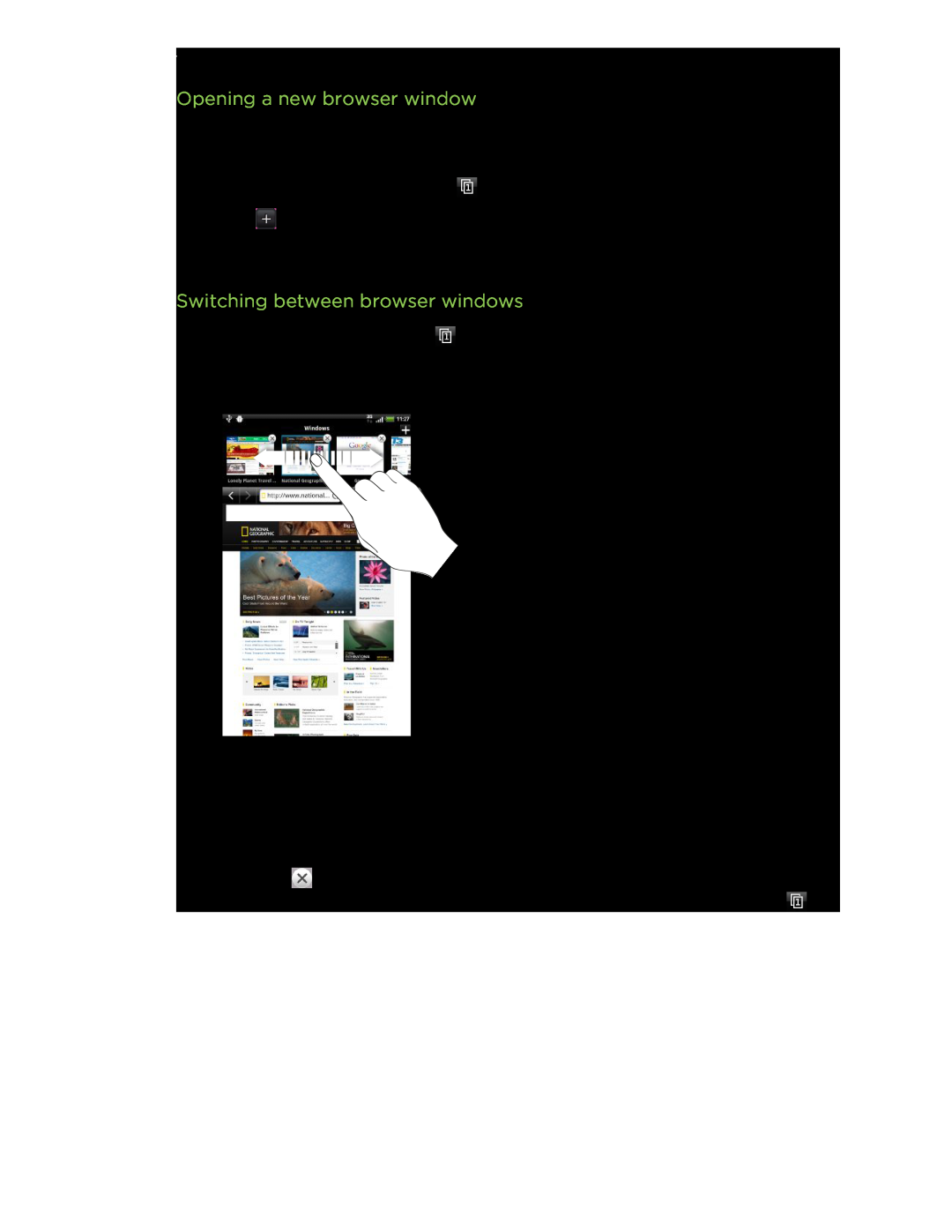 HTC HTCFlyerP512 manual Opening a new browser window, Switching between browser windows 