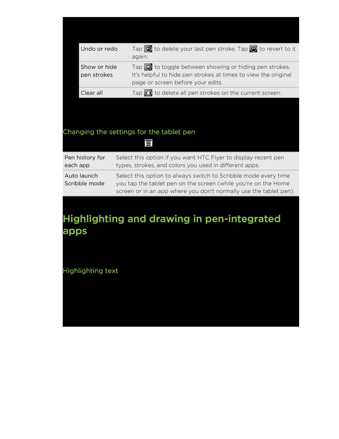 HTC HTCFlyerP512 manual Highlighting and drawing in pen-integrated apps, Changing the settings for the tablet pen 