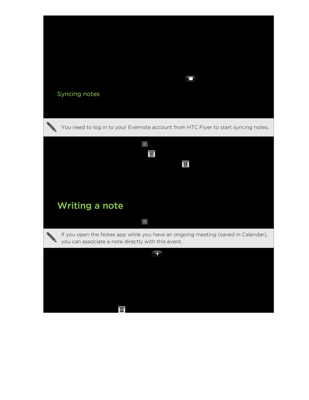 HTC HTCFlyerP512 manual Writing a note, Syncing notes 