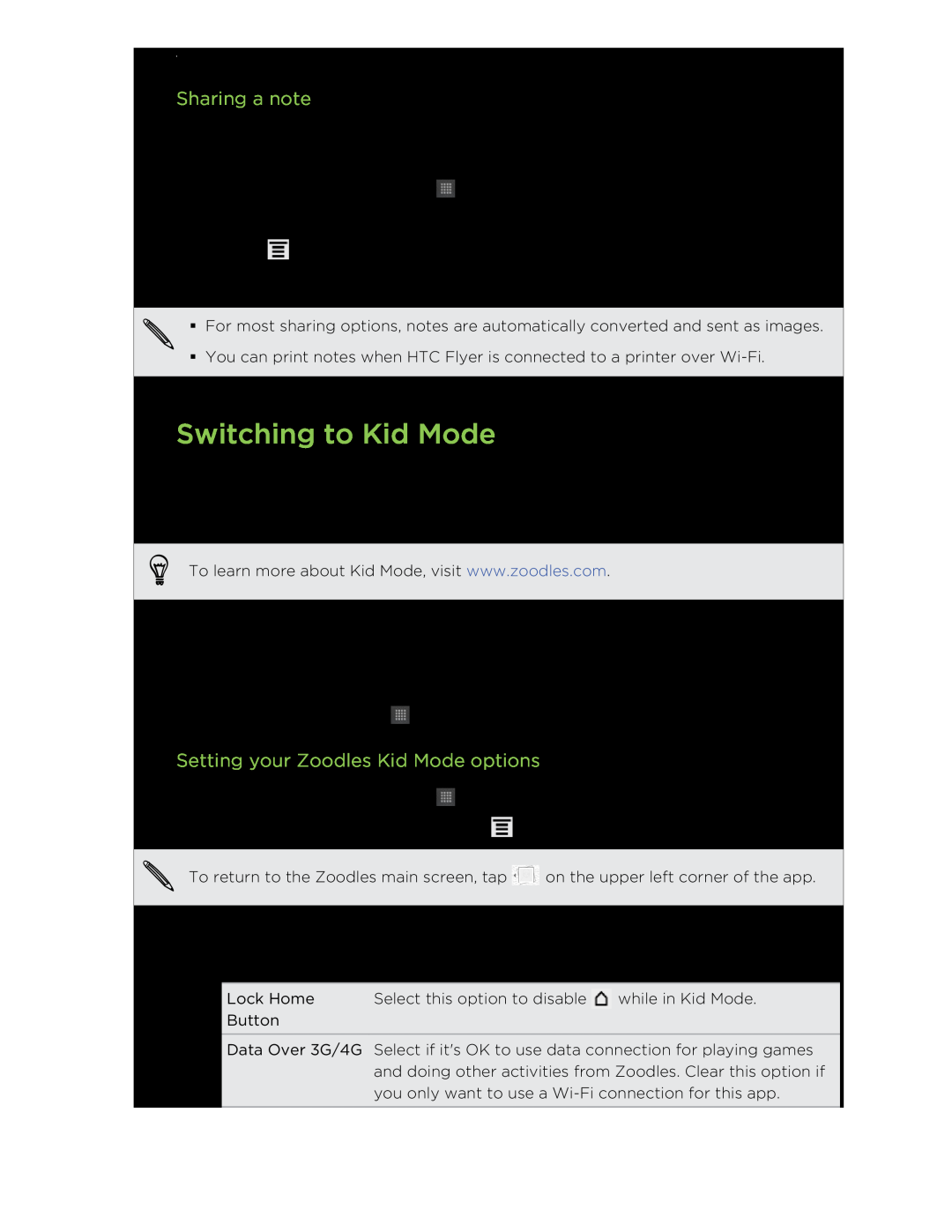 HTC HTCFlyerP512 manual Switching to Kid Mode, Sharing a note, Setting your Zoodles Kid Mode options 