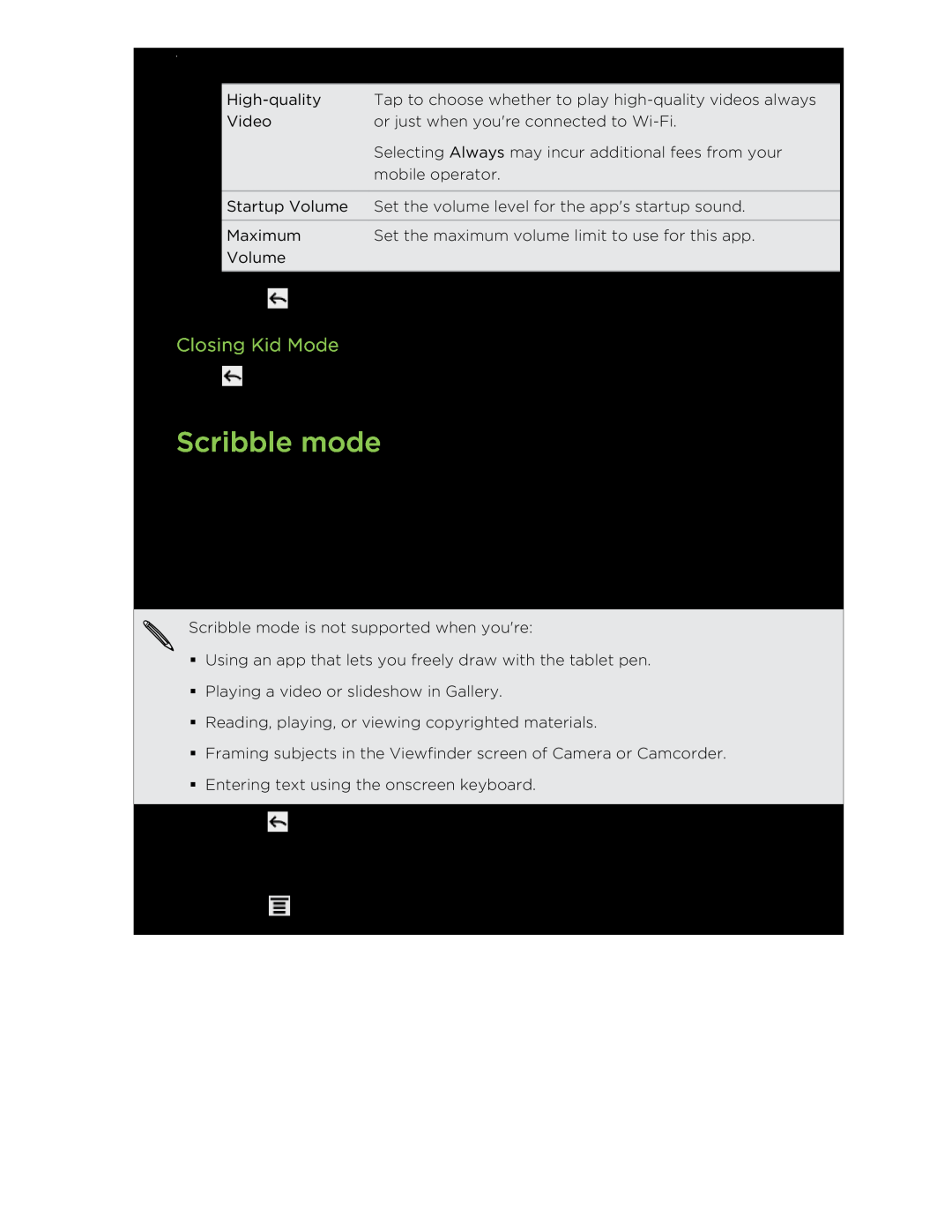 HTC HTCFlyerP512 manual Scribble mode, Closing Kid Mode 