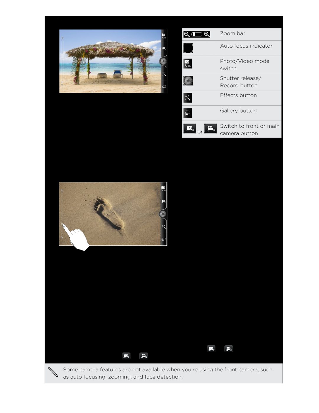 HTC HTCFlyerP512 manual Zoom bar Auto focus indicator Photo/Video mode switch Shutter release 