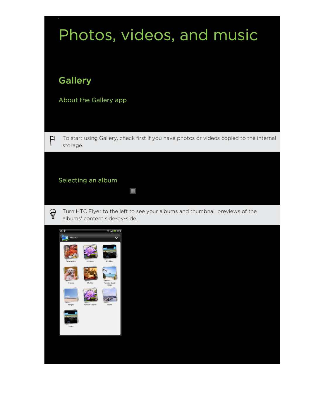 HTC HTCFlyerP512 manual Photos, videos, and music, About the Gallery app, Selecting an album 