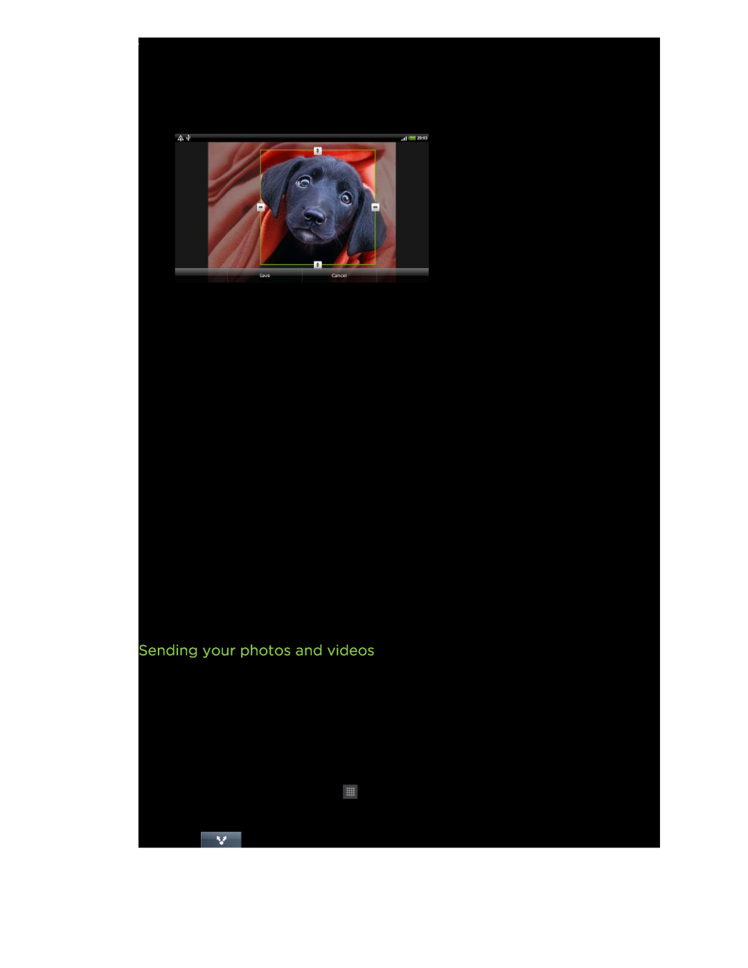 HTC HTCFlyerP512 manual Sending your photos and videos, Photos, videos, and music 