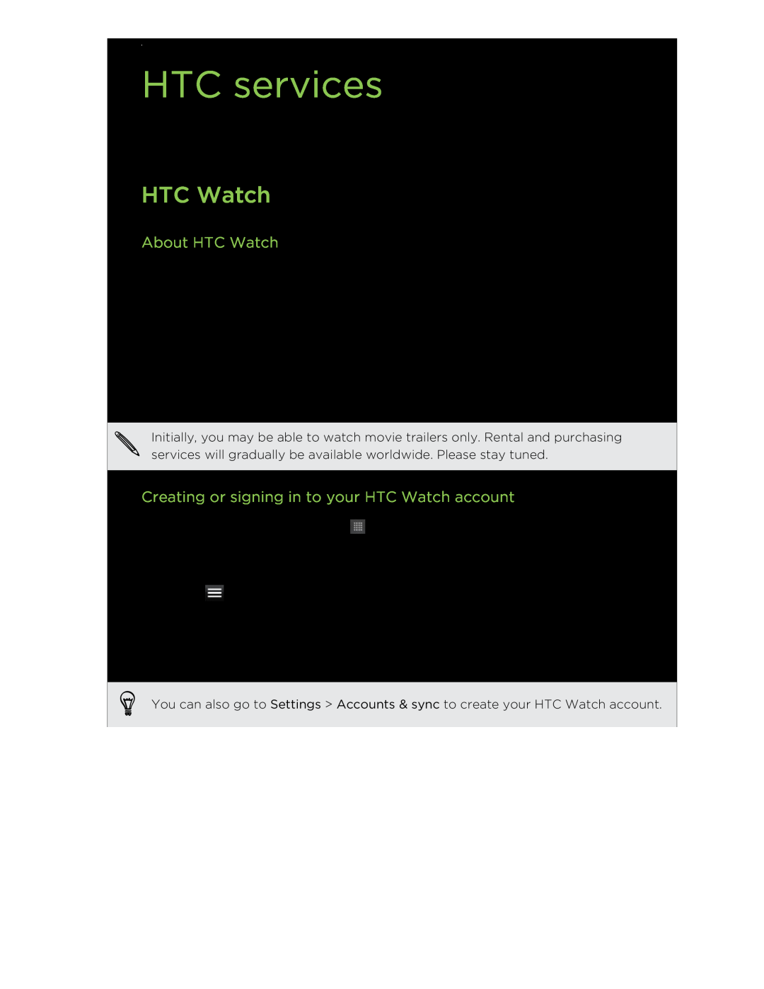 HTC HTCFlyerP512 manual HTC services, About HTC Watch, Creating or signing in to your HTC Watch account 