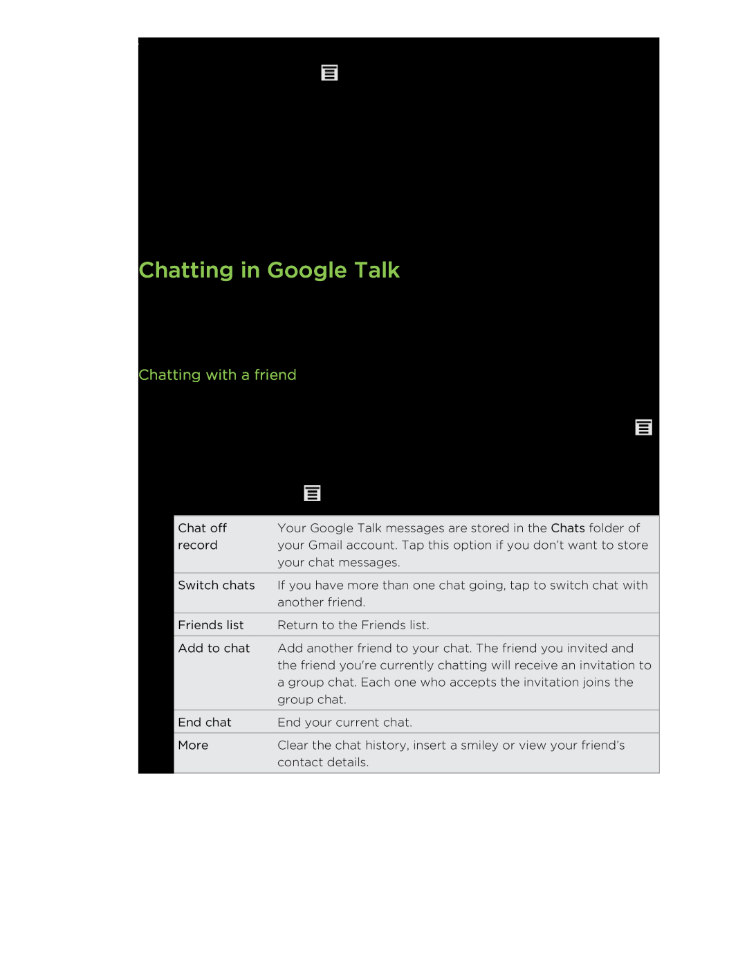 HTC HTCFlyerP512 manual Chatting in Google Talk, Chatting with a friend 