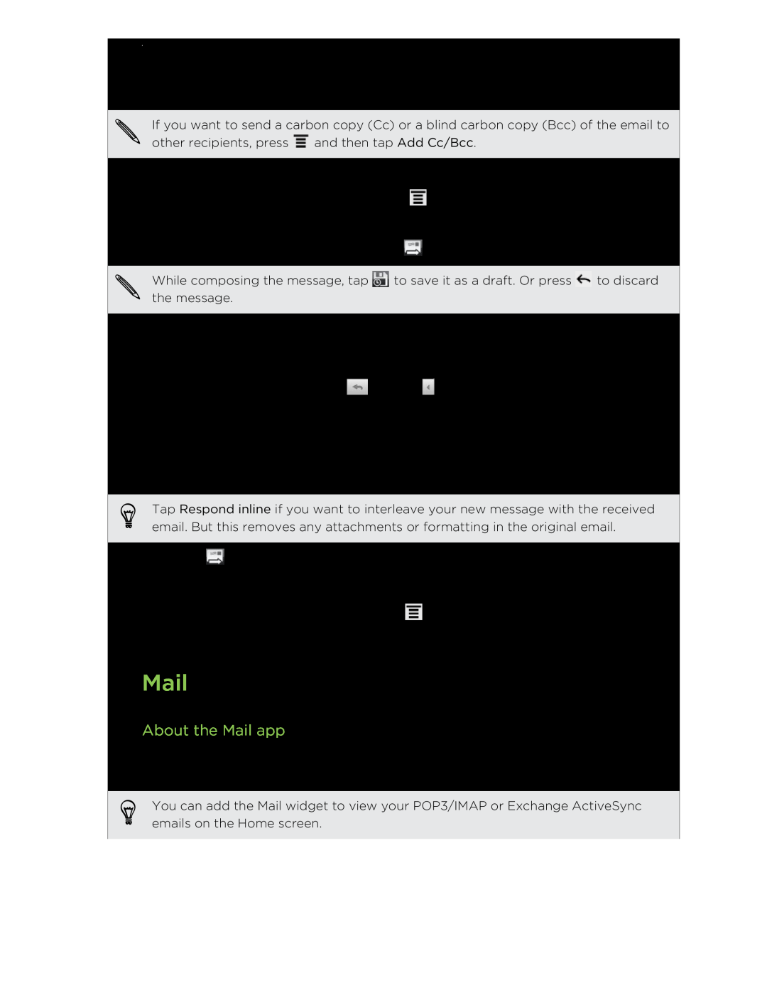 HTC HTCFlyerP512 manual About the Mail app 