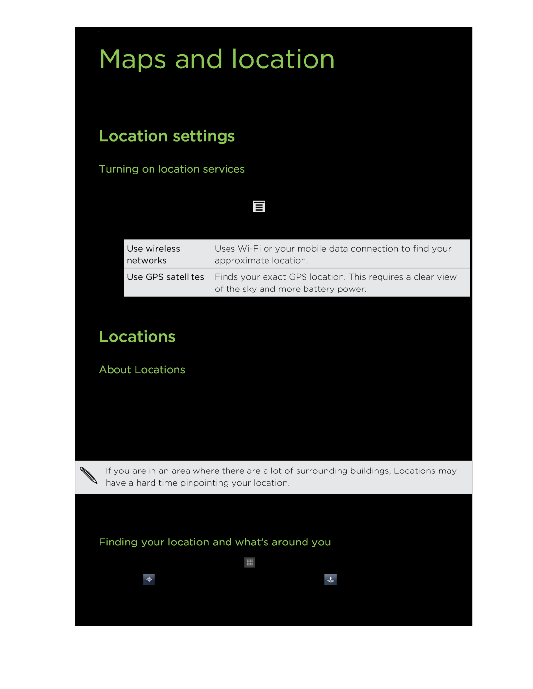 HTC HTCFlyerP512 manual Maps and location, Location settings, Turning on location services, About Locations 