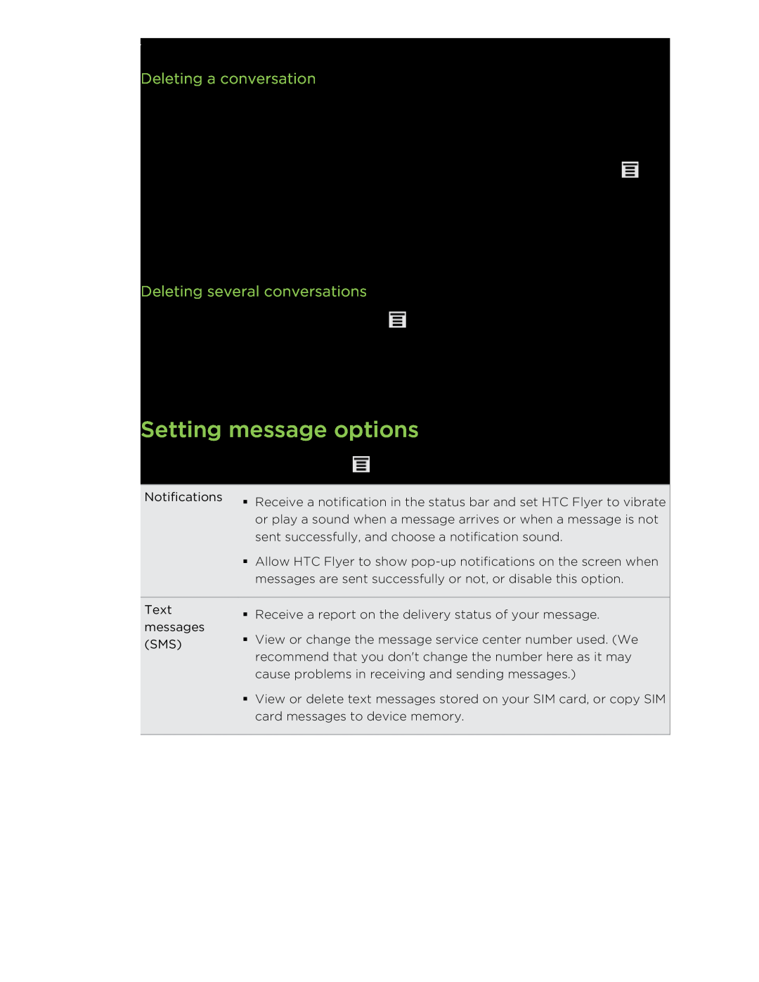 HTC HTCFlyerP512 manual Setting message options, Deleting a conversation, Deleting several conversations 