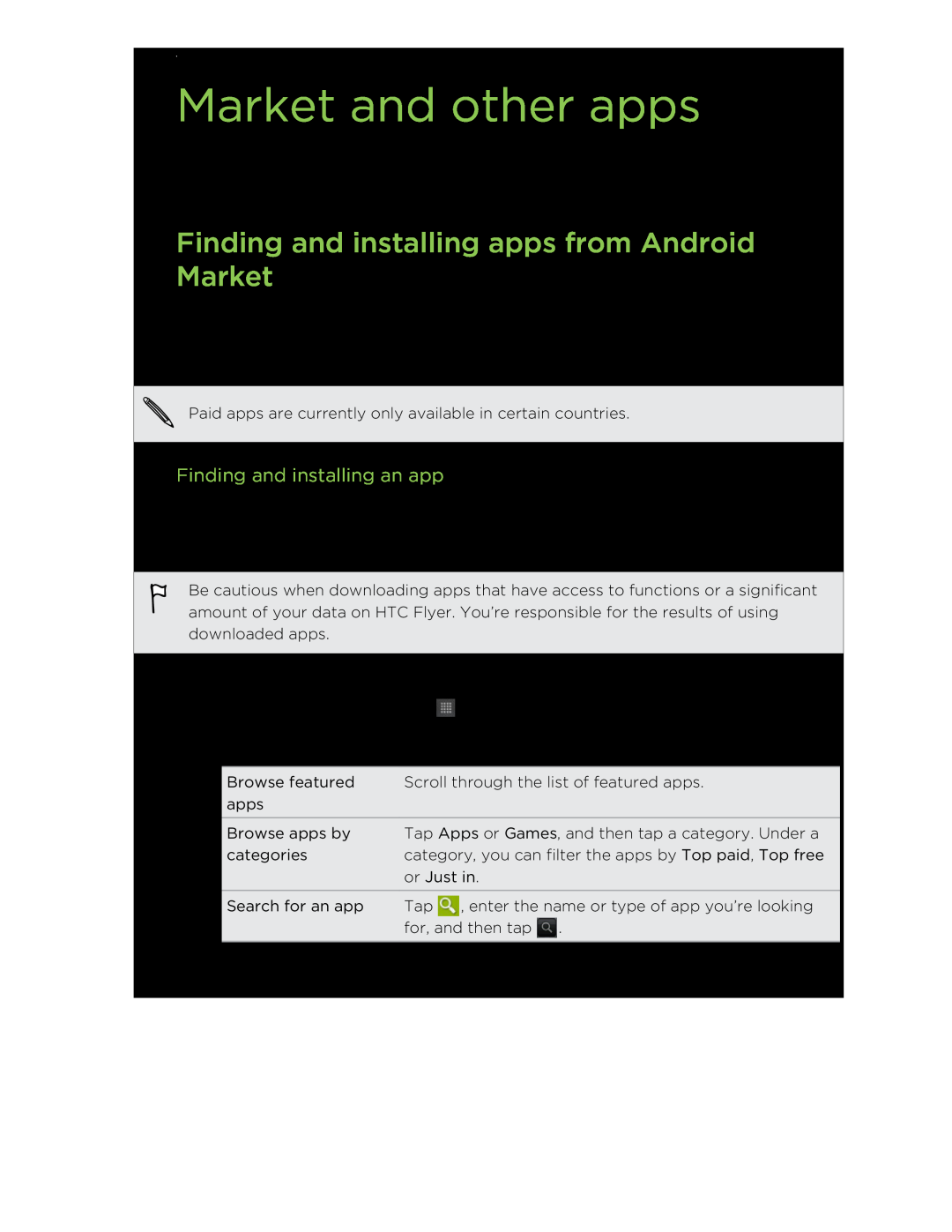 HTC HTCFlyerP512 Market and other apps, Finding and installing apps from Android Market, Finding and installing an app 