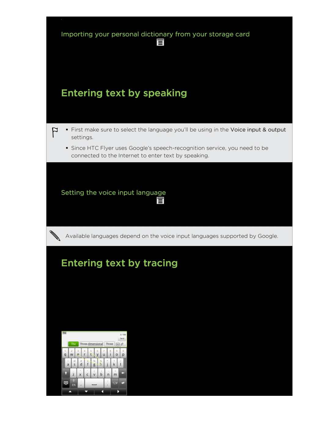 HTC HTCFlyerP512 manual Entering text by speaking, Entering text by tracing, Setting the voice input language 