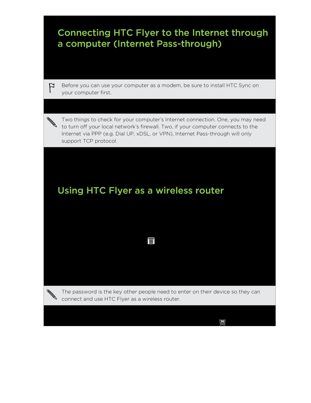HTC HTCFlyerP512 manual Using HTC Flyer as a wireless router, Internet connections 