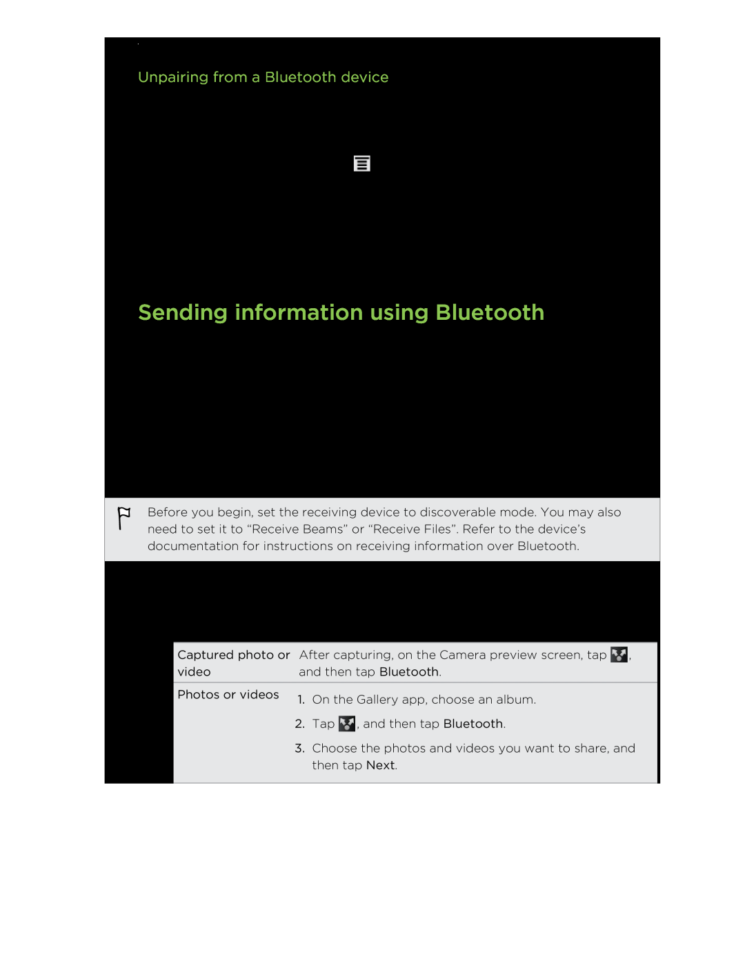 HTC HTCFlyerP512 manual Sending information using Bluetooth, Unpairing from a Bluetooth device 