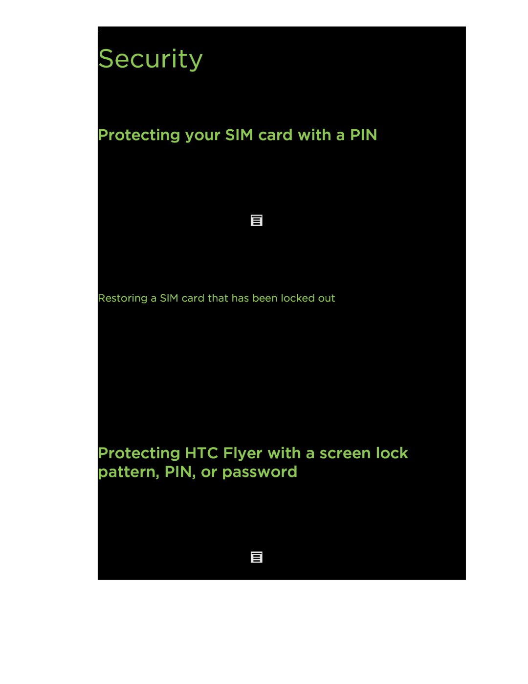 HTC HTCFlyerP512 manual Security, Protecting your SIM card with a PIN, Restoring a SIM card that has been locked out 