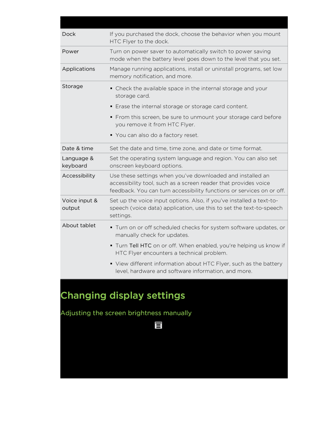HTC HTCFlyerP512 Changing display settings, Adjusting the screen brightness manually 