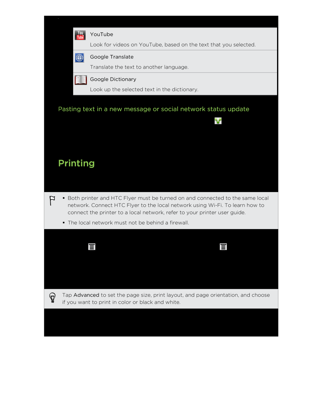 HTC HTCFlyerP512 manual Printing, Pasting text in a new message or social network status update 