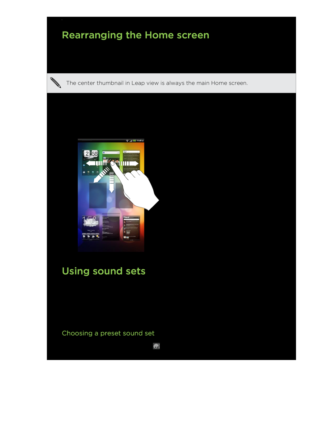 HTC HTCFlyerP512 manual Rearranging the Home screen, Using sound sets, Choosing a preset sound set 