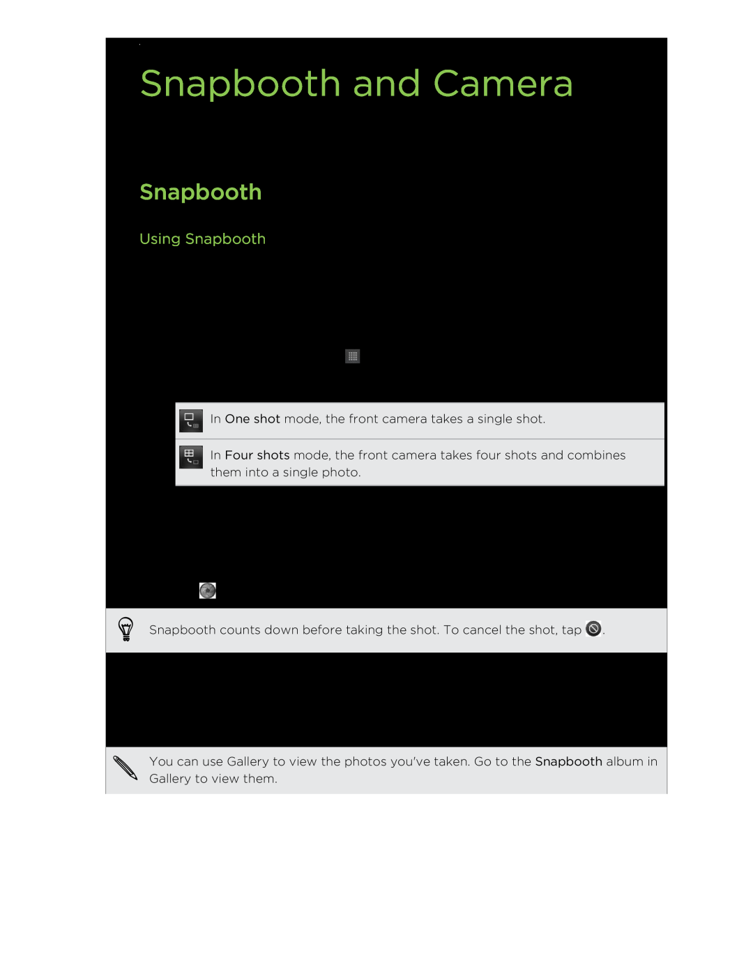 HTC HTCFlyerP512 manual Snapbooth and Camera, Using Snapbooth 
