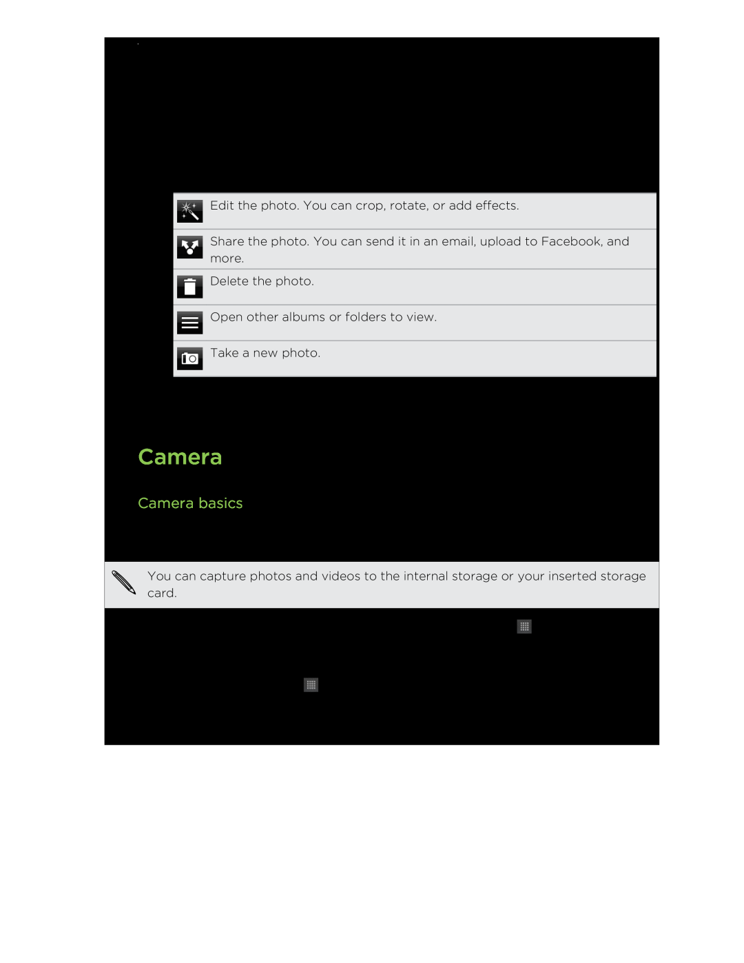 HTC HTCFlyerP512 manual Camera basics 