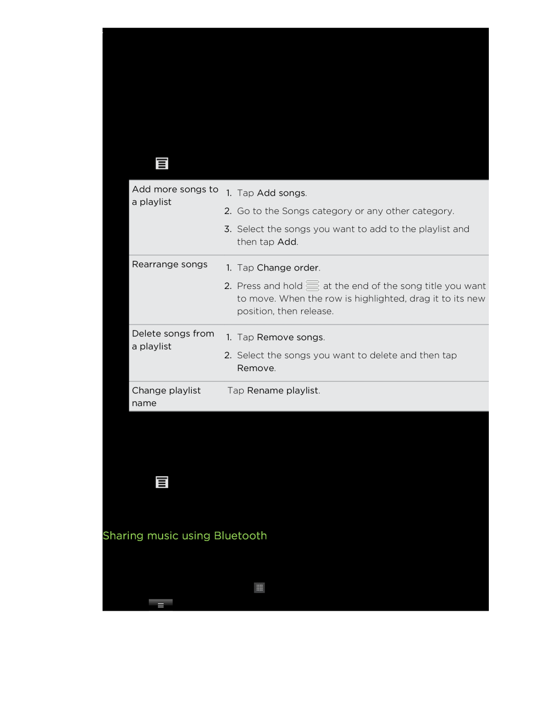 HTC HTCFlyerP512 manual Sharing music using Bluetooth, Photos, videos, and music 