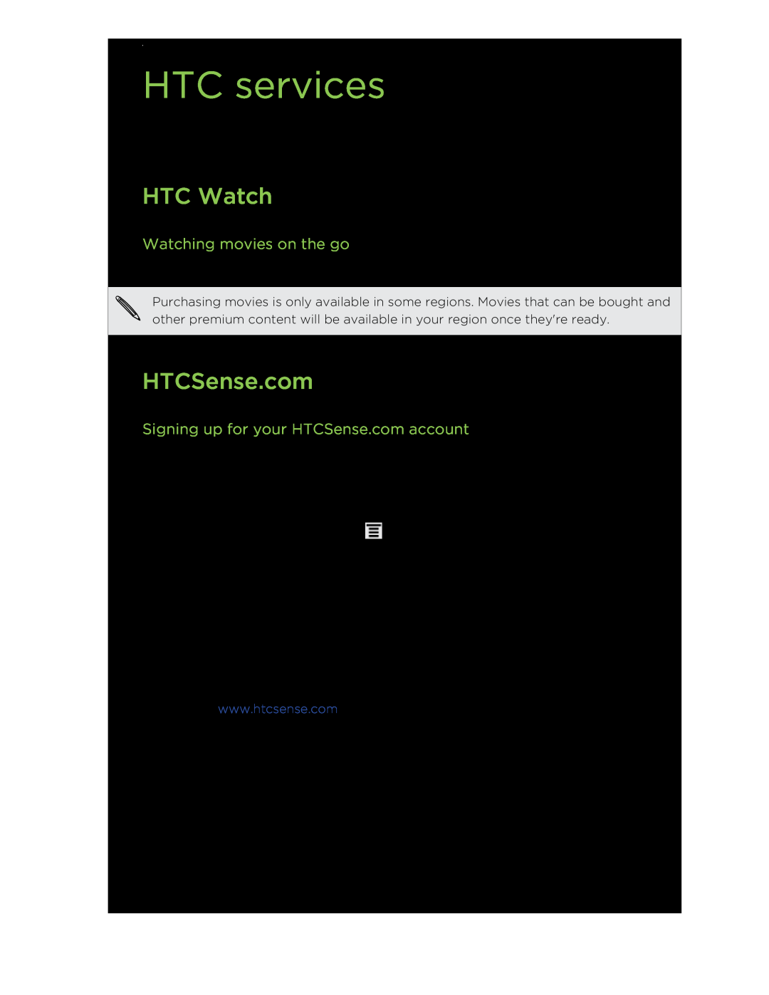 HTC HTCFlyerP512 manual HTC services, HTC Watch, HTCSense.com, Watching movies on the go 