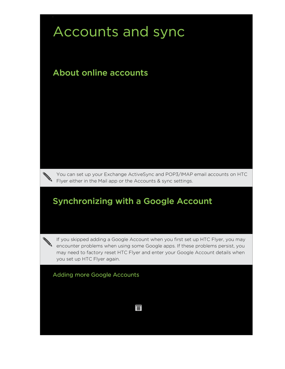 HTC HTCFlyerP512 manual Accounts and sync, About online accounts, Synchronizing with a Google Account 
