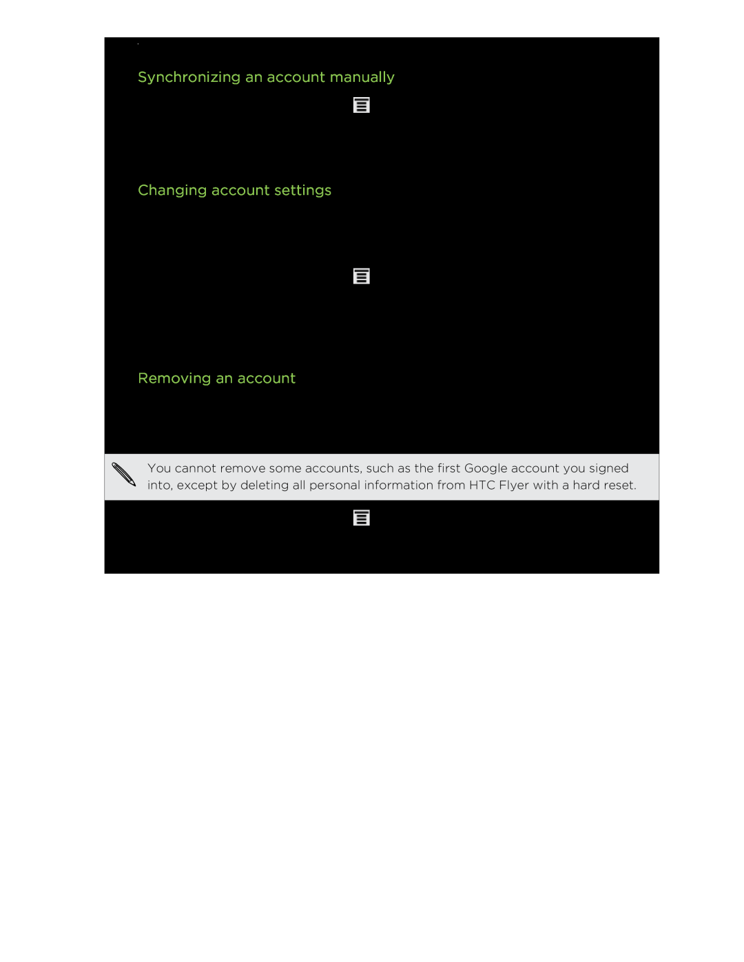 HTC HTCFlyerP512 Synchronizing an account manually, Changing account settings, Removing an account, Accounts and sync 