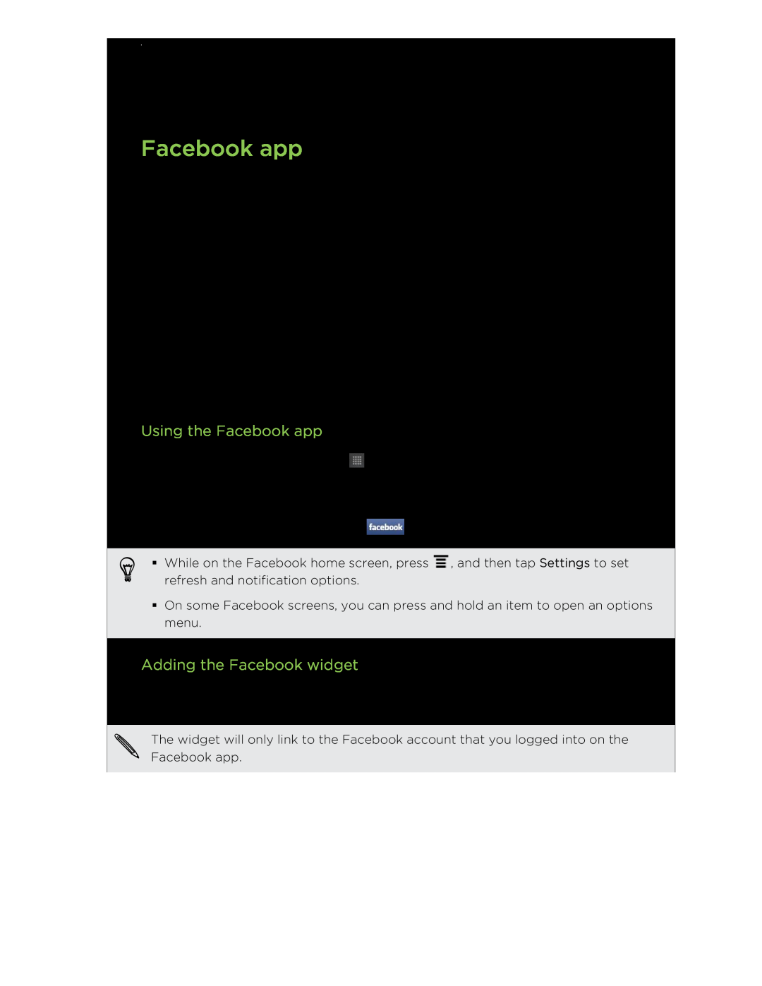 HTC HTCFlyerP512 manual Using the Facebook app, Adding the Facebook widget 