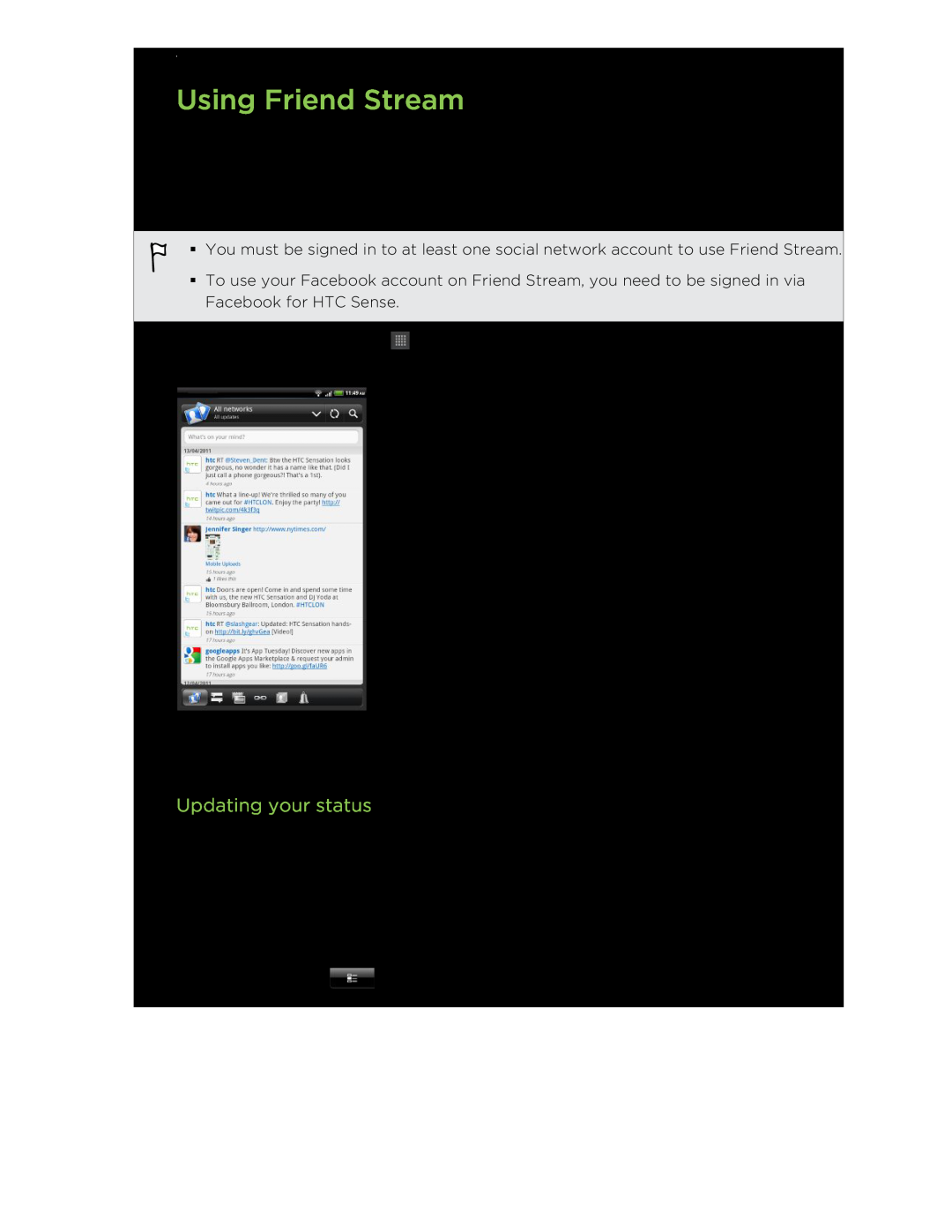 HTC HTCFlyerP512 manual Using Friend Stream, Updating your status 