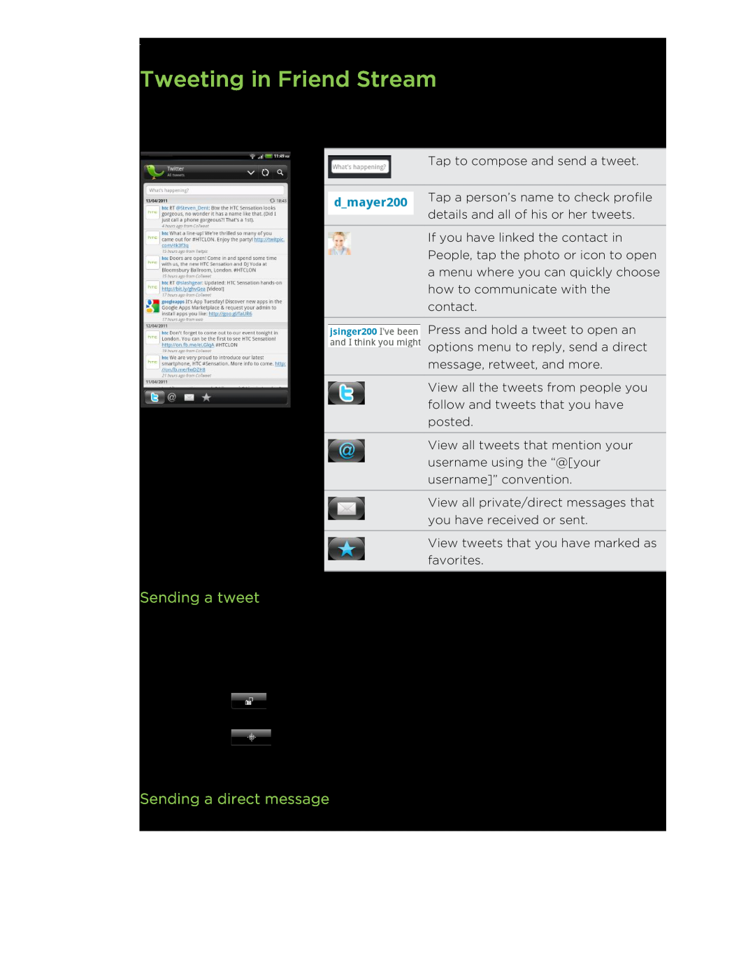 HTC HTCFlyerP512 manual Tweeting in Friend Stream, Sending a tweet, Sending a direct message 