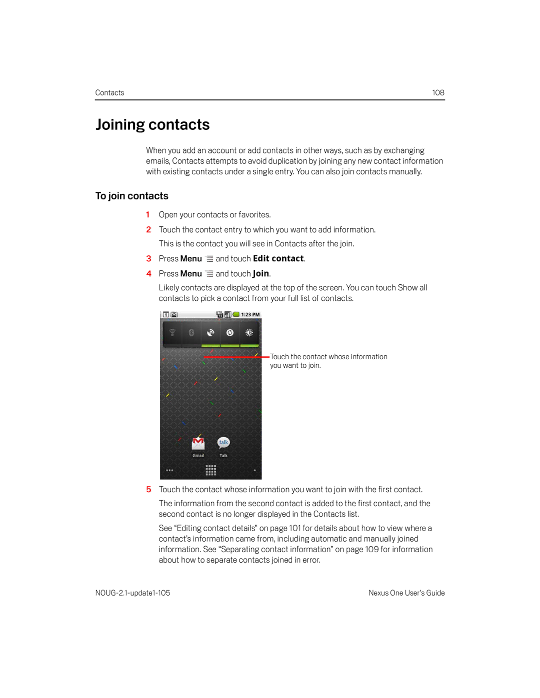 HTC HTCONEUNLOCKEDBLACK manual Joining contacts, To join contacts 