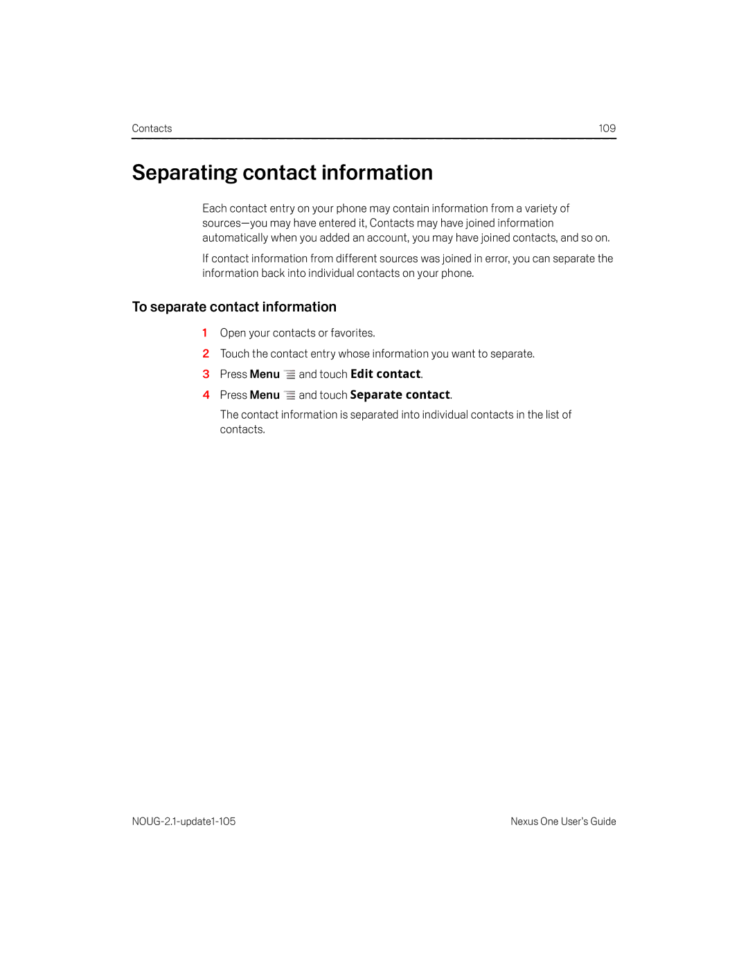 HTC HTCONEUNLOCKEDBLACK manual Separating contact information, To separate contact information 