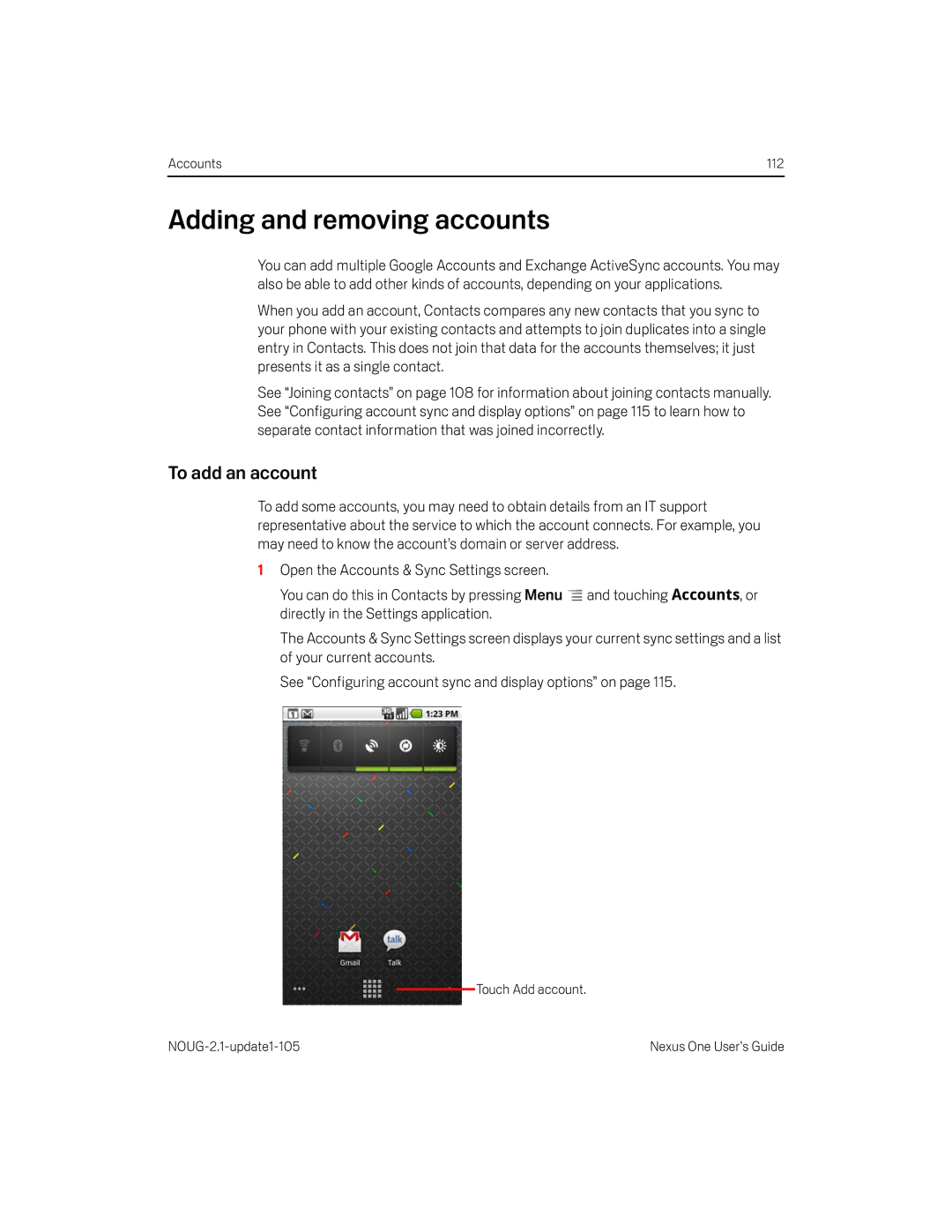 HTC HTCONEUNLOCKEDBLACK manual Adding and removing accounts, To add an account 