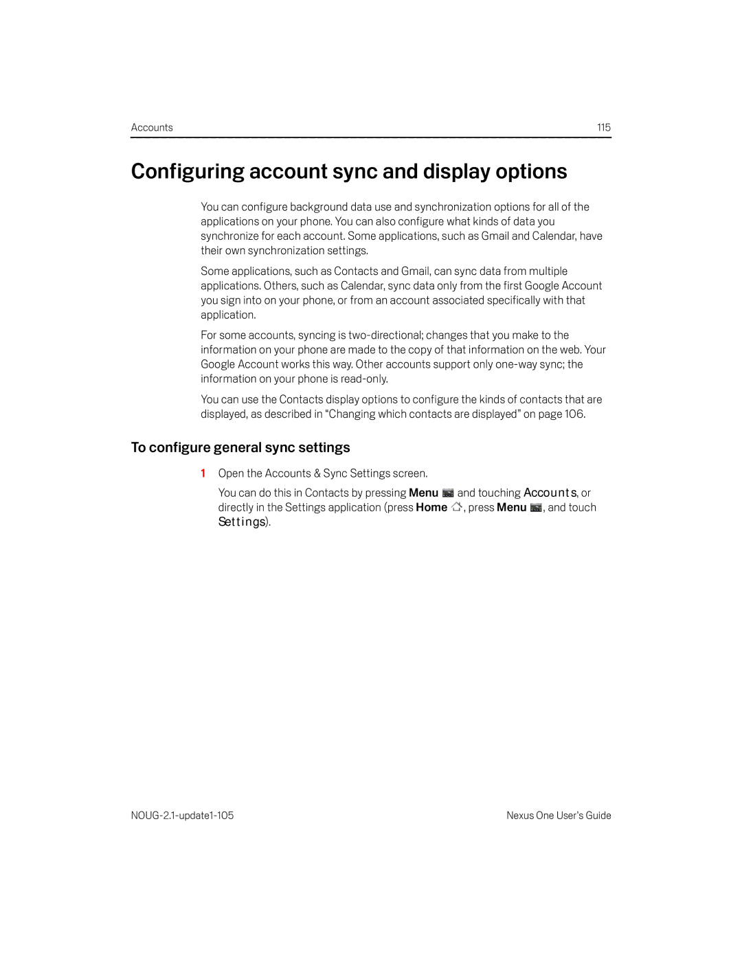 HTC HTCONEUNLOCKEDBLACK manual Configuring account sync and display options, To configure general sync settings, Settings 