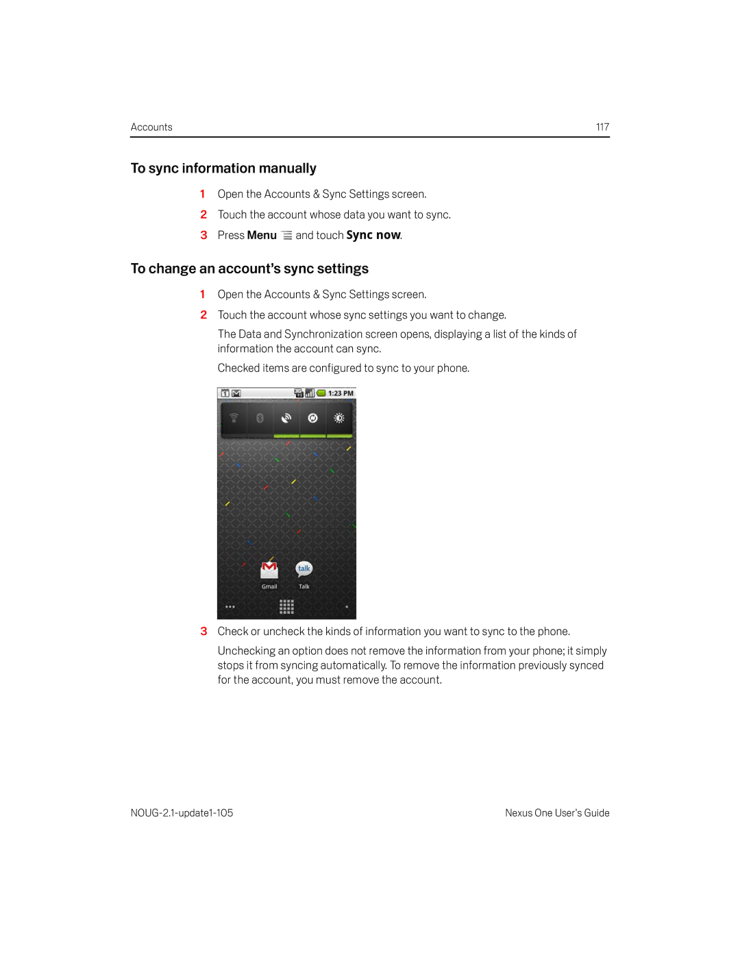 HTC HTCONEUNLOCKEDBLACK To sync information manually, To change an account’s sync settings 