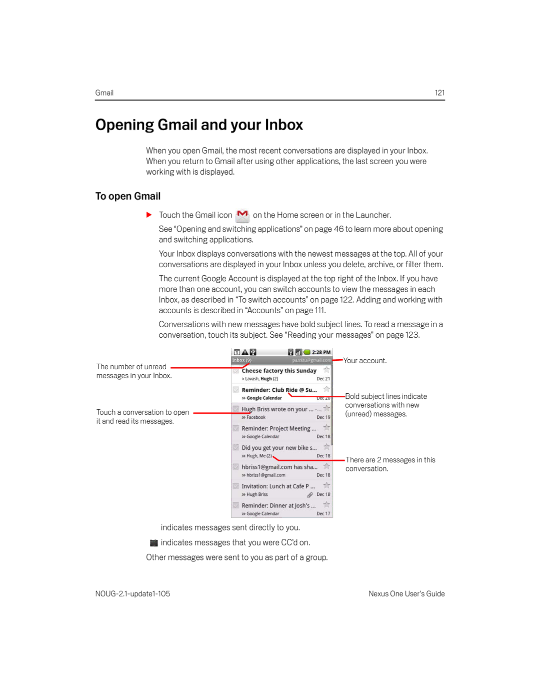 HTC HTCONEUNLOCKEDBLACK manual Opening Gmail and your Inbox, To open Gmail 