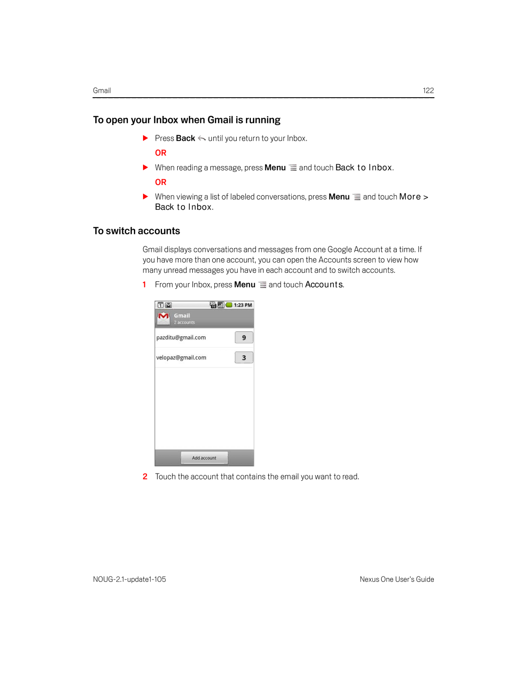 HTC HTCONEUNLOCKEDBLACK manual To open your Inbox when Gmail is running, To switch accounts 