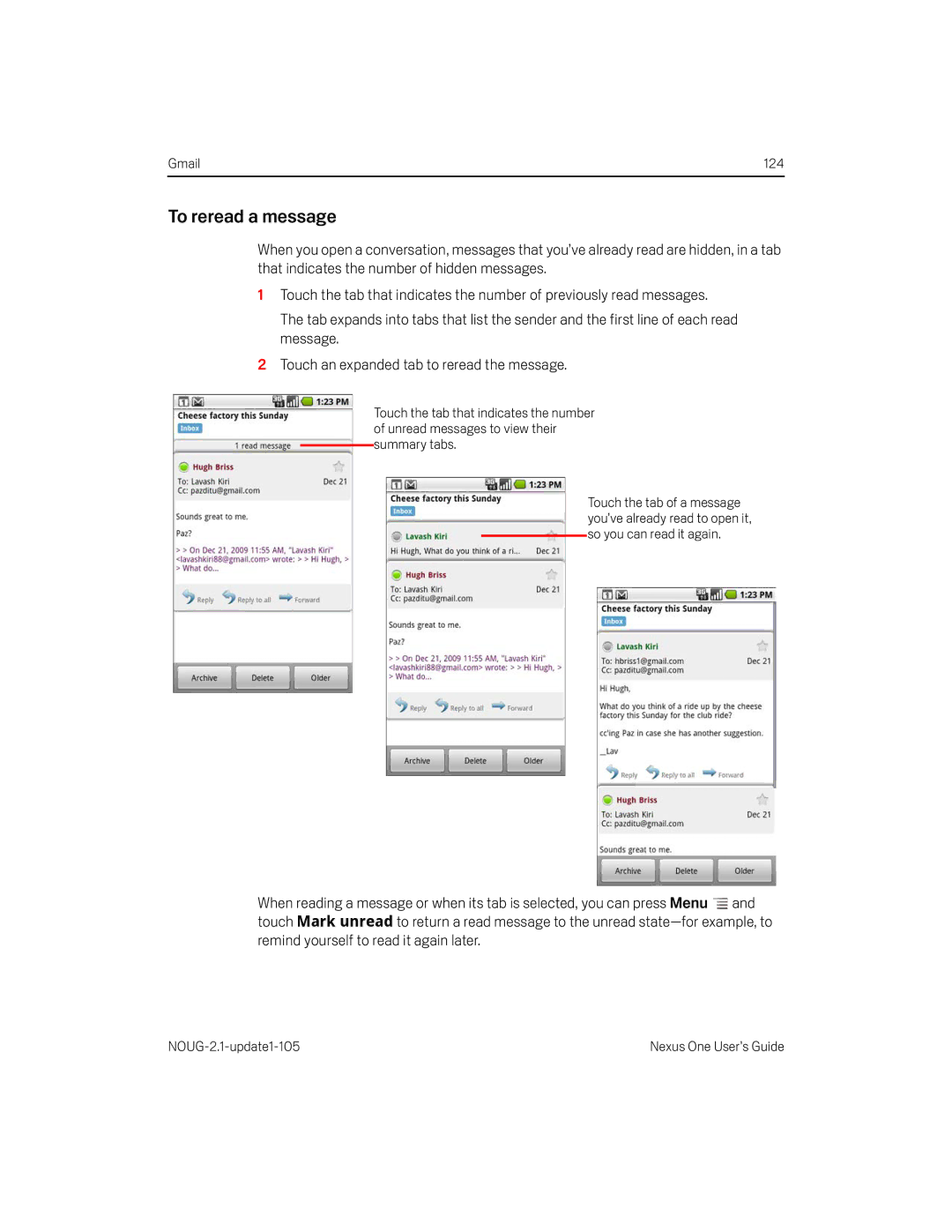 HTC HTCONEUNLOCKEDBLACK manual To reread a message, Remind yourself to read it again later 