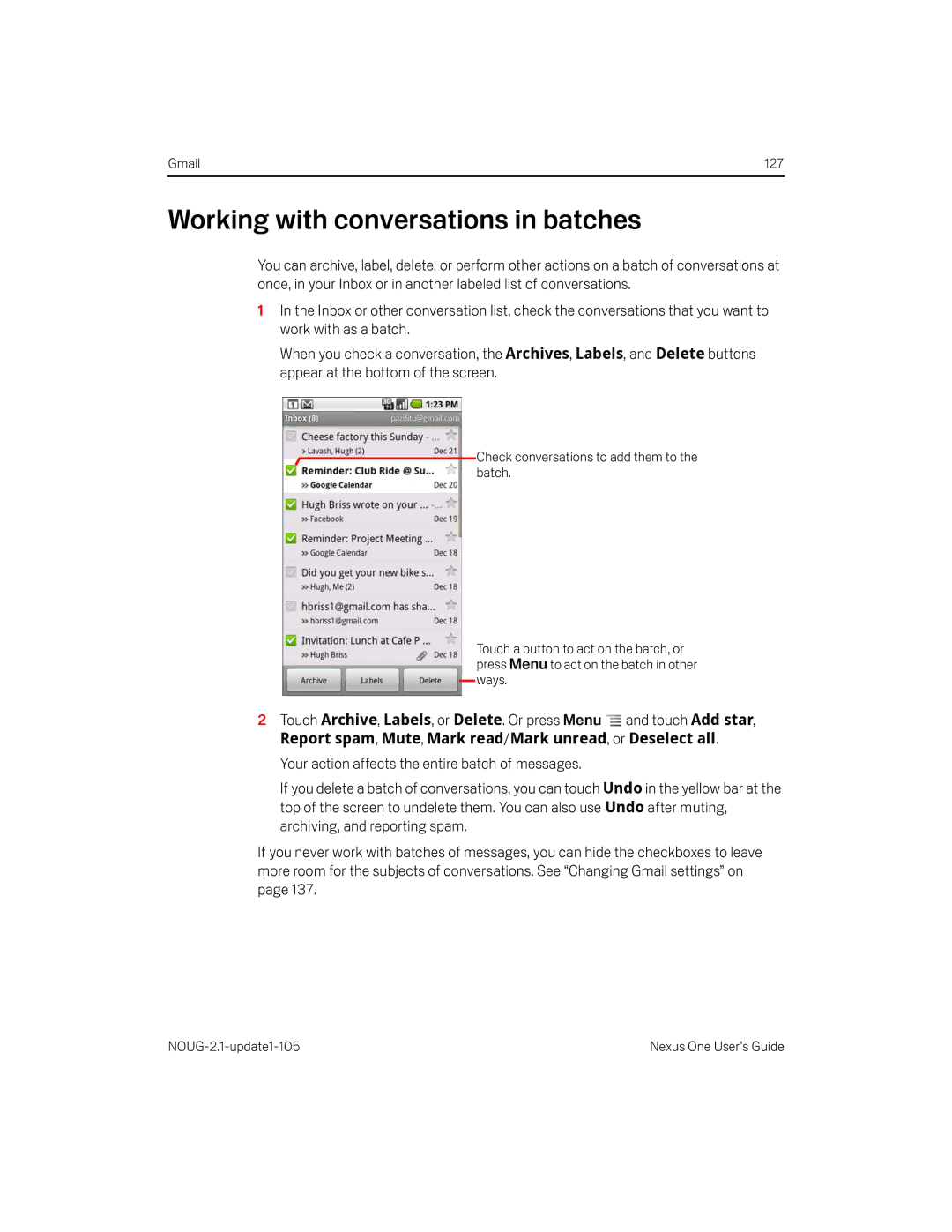 HTC HTCONEUNLOCKEDBLACK manual Working with conversations in batches 