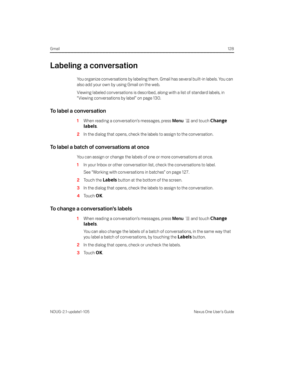 HTC HTCONEUNLOCKEDBLACK manual Labeling a conversation, To label a conversation, To label a batch of conversations at once 