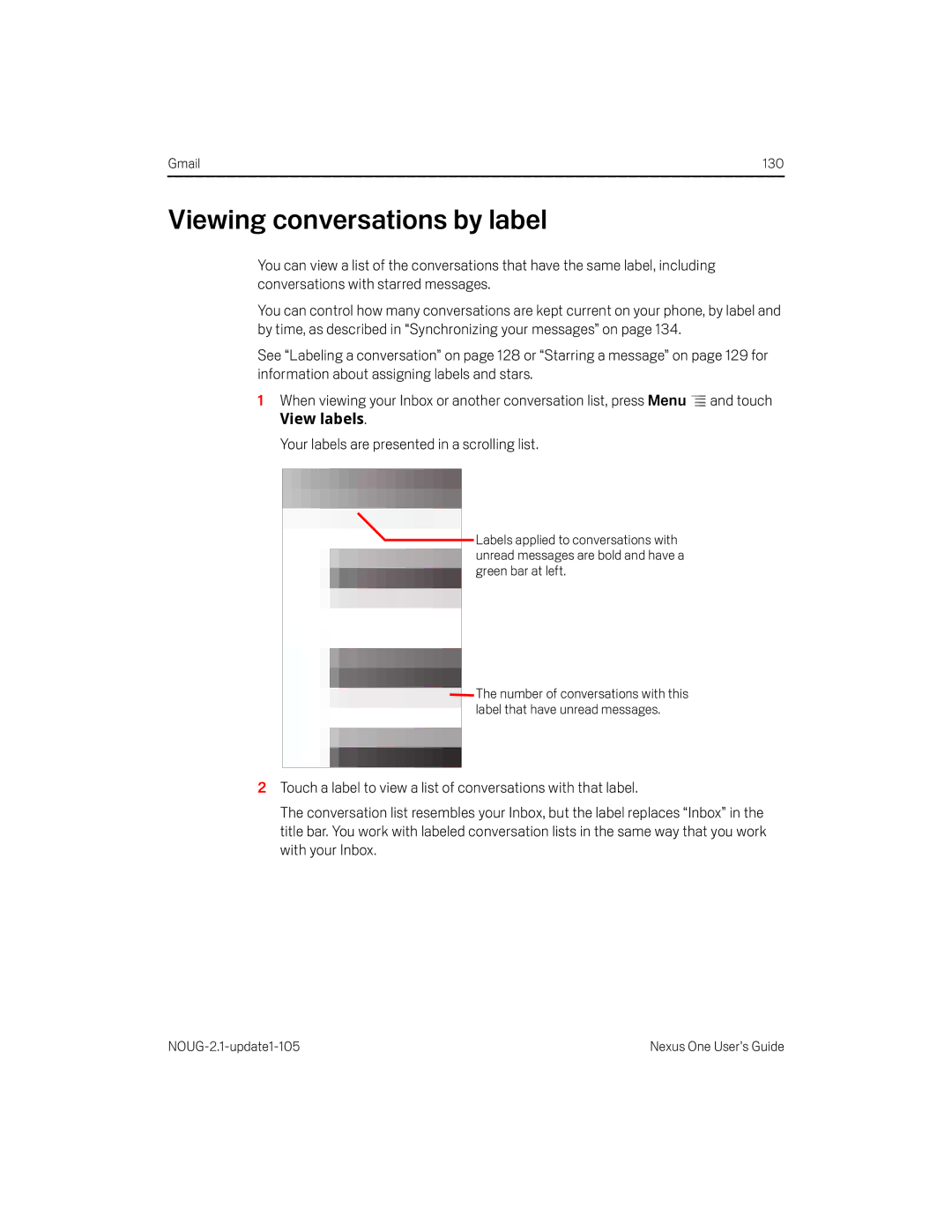 HTC HTCONEUNLOCKEDBLACK manual Viewing conversations by label, View labels, Your labels are presented in a scrolling list 