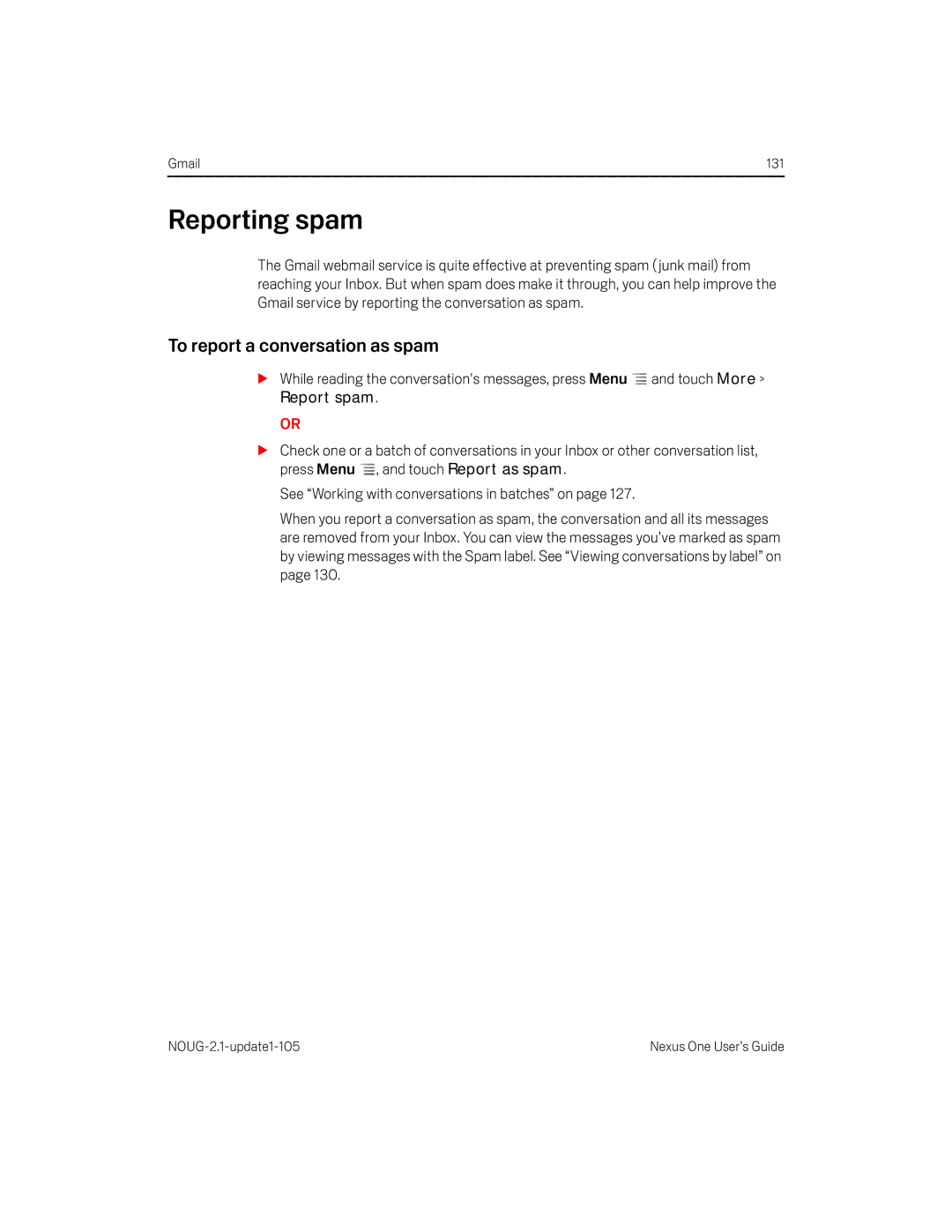 HTC HTCONEUNLOCKEDBLACK manual Reporting spam, To report a conversation as spam, Report spam 