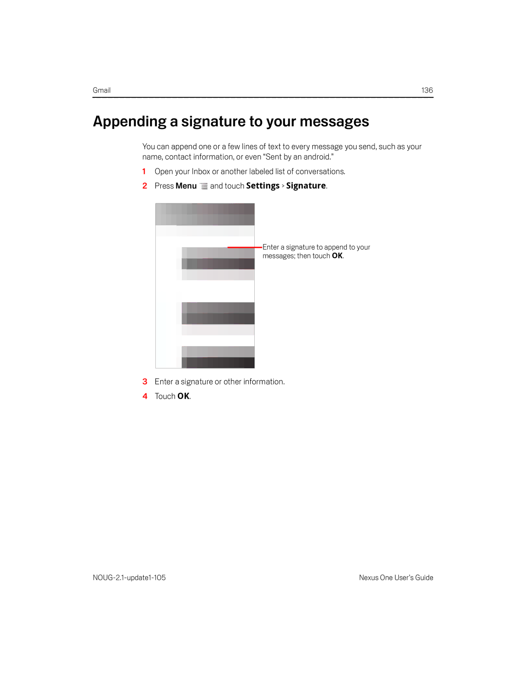 HTC HTCONEUNLOCKEDBLACK manual Appending a signature to your messages, Enter a signature or other information Touch OK 