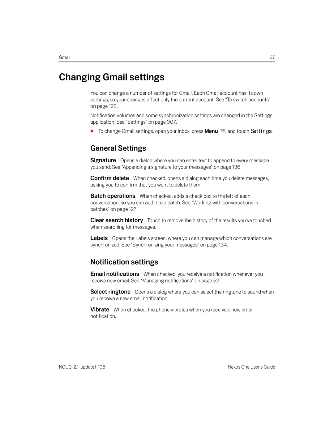 HTC HTCONEUNLOCKEDBLACK manual Changing Gmail settings, General Settings, Notification settings 