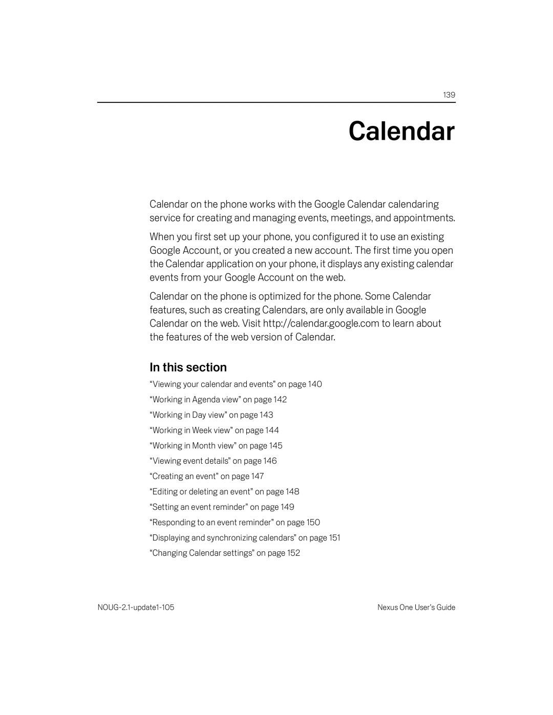 HTC HTCONEUNLOCKEDBLACK manual Calendar, This section 