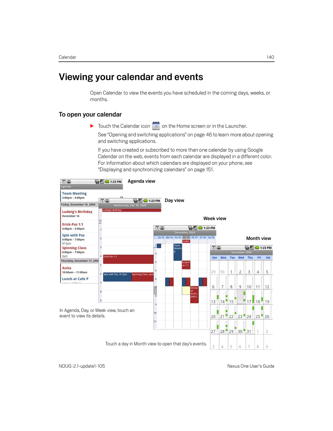 HTC HTCONEUNLOCKEDBLACK manual Viewing your calendar and events, To open your calendar 