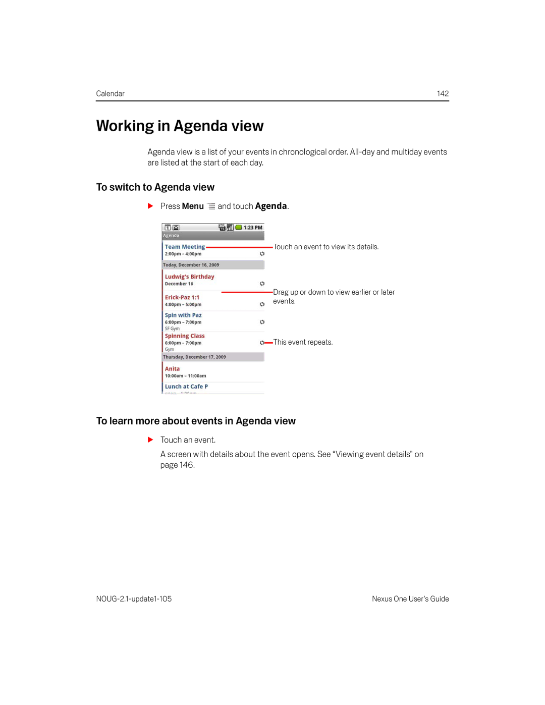 HTC HTCONEUNLOCKEDBLACK manual Working in Agenda view, To switch to Agenda view, To learn more about events in Agenda view 